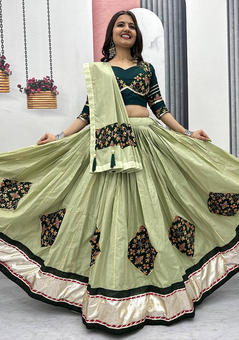 Green Embroidered Cotton Lehenga Set - Indya