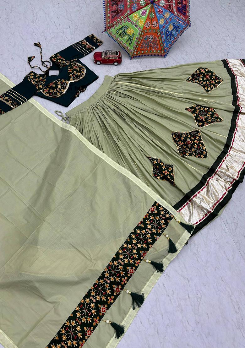Green Embroidered Cotton Lehenga Set - Indya