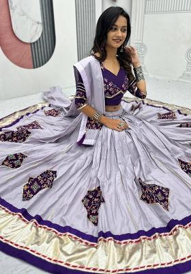 Purple Embroidered Cotton Lehenga Set