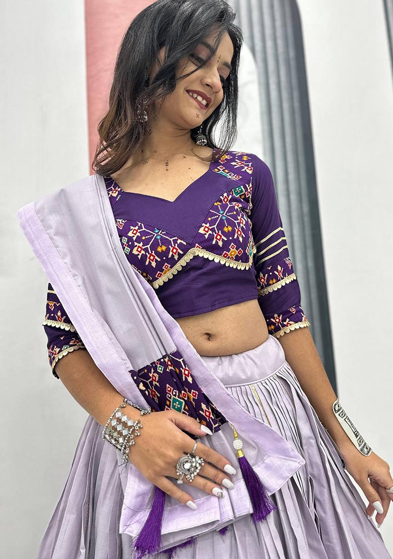 Purple Embroidered Cotton Lehenga Set - Indya