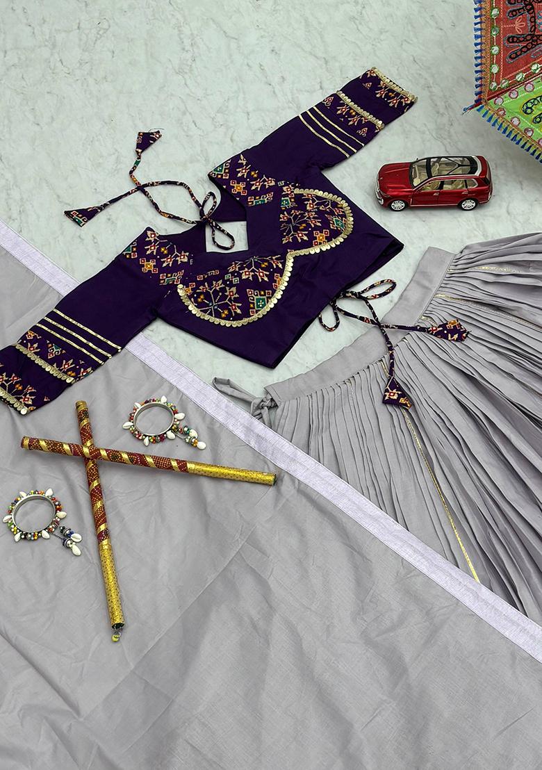 Purple Embroidered Cotton Lehenga Set - Indya