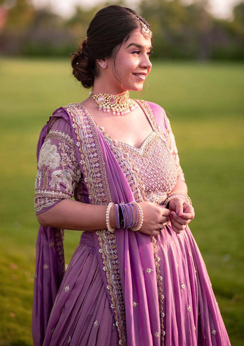 Pink Printed Georgette Lehenga Set - Indya