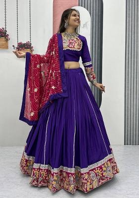 Purple Embroidered Cotton Lehenga Set