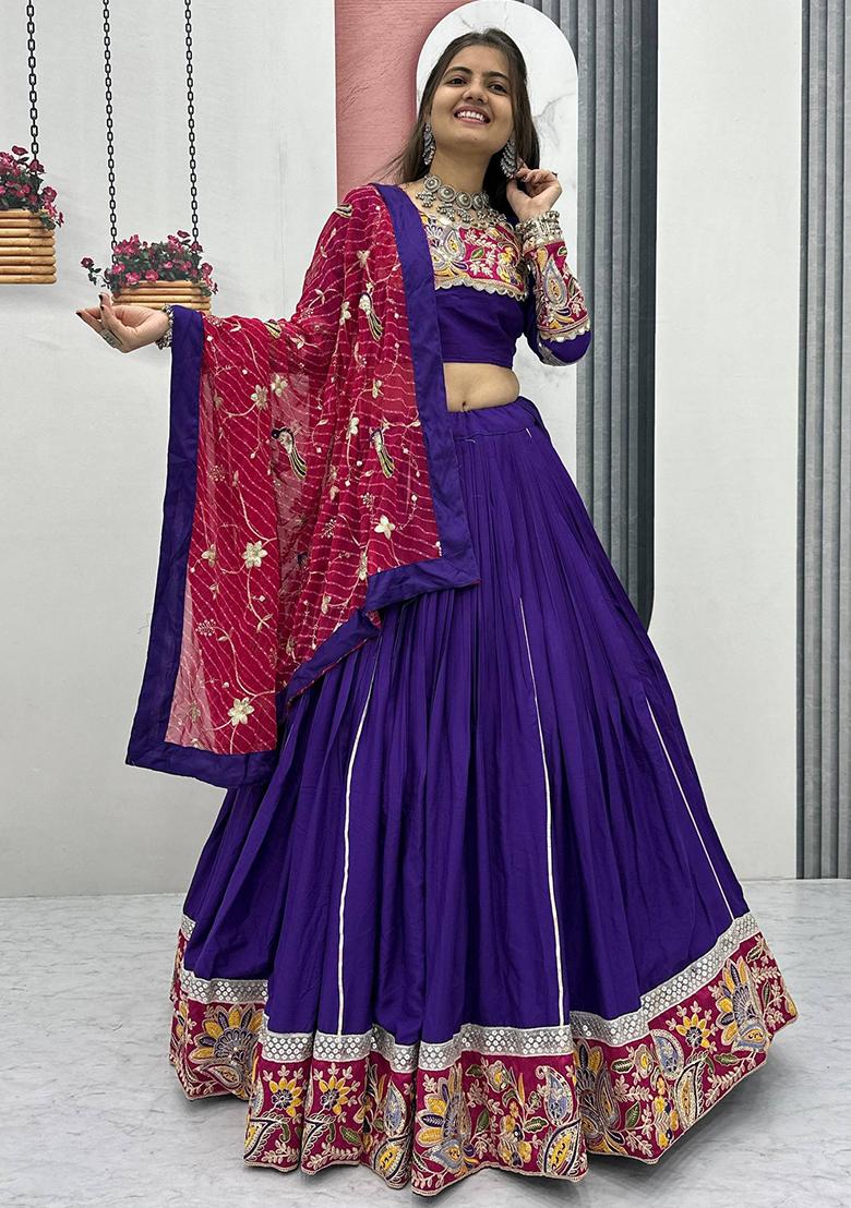 Purple Embroidered Cotton Lehenga Set - Indya