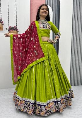 Parrot Embroidered Cotton Lehenga Set