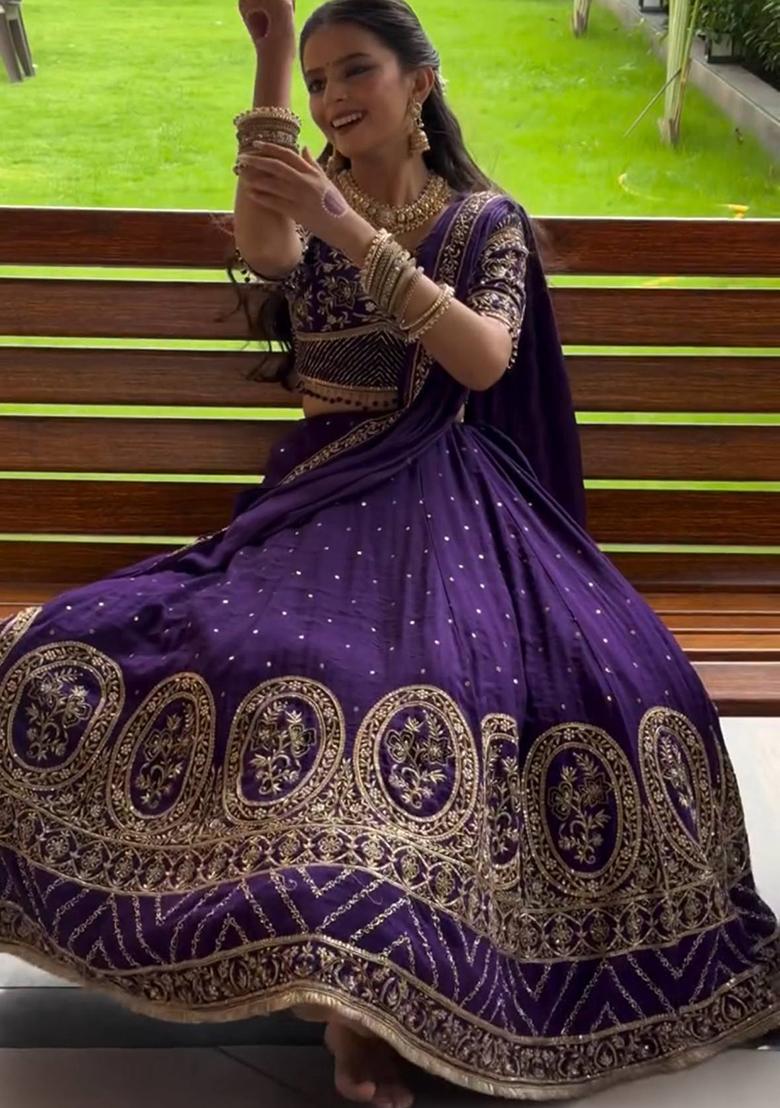 Purple Embroidered Silk Lehenga Set - Indya