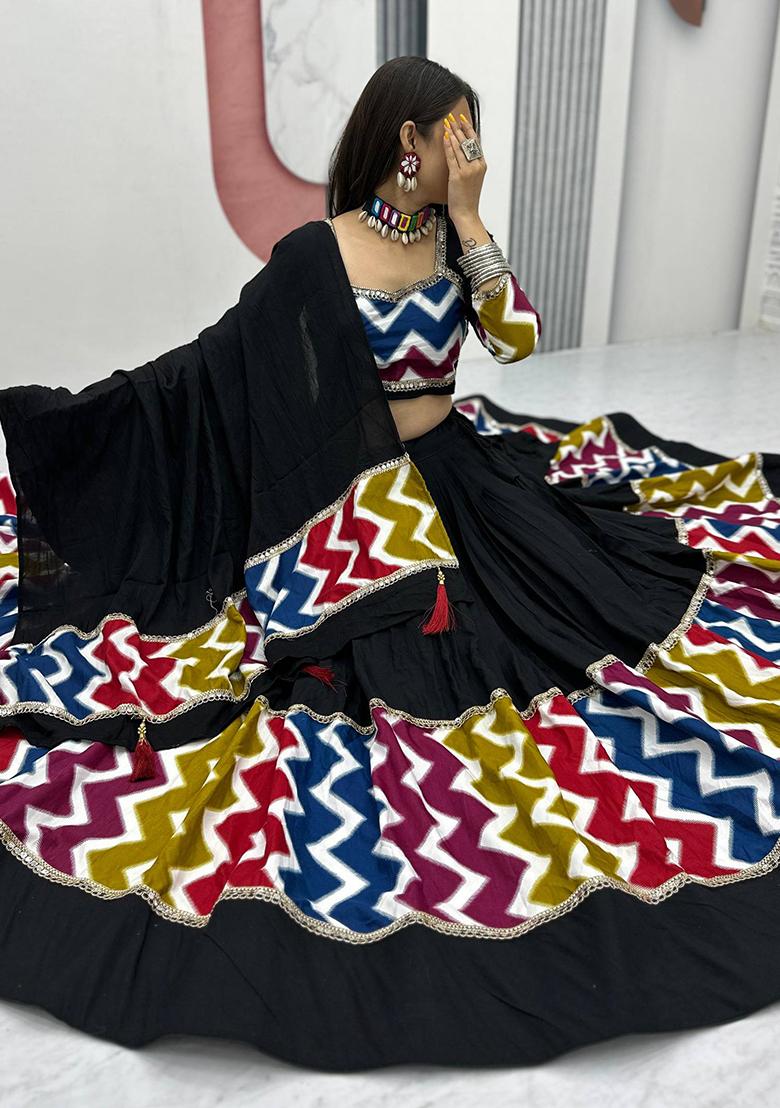 Black Embroidered Cotton Lehenga Set - Indya