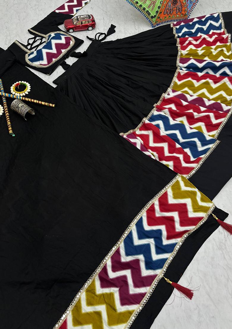 Black Embroidered Cotton Lehenga Set - Indya