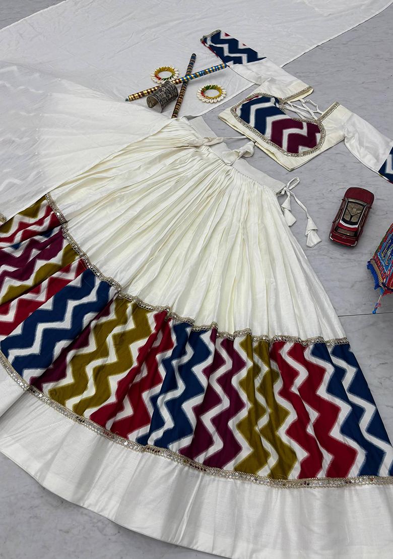 White Embroidered Cotton Lehenga Set - Indya