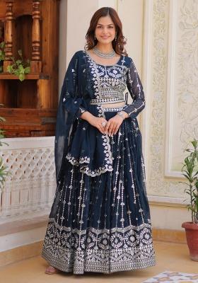 Grey Embroidery Sequence Work Georgette Lehenga Set With Dupatta