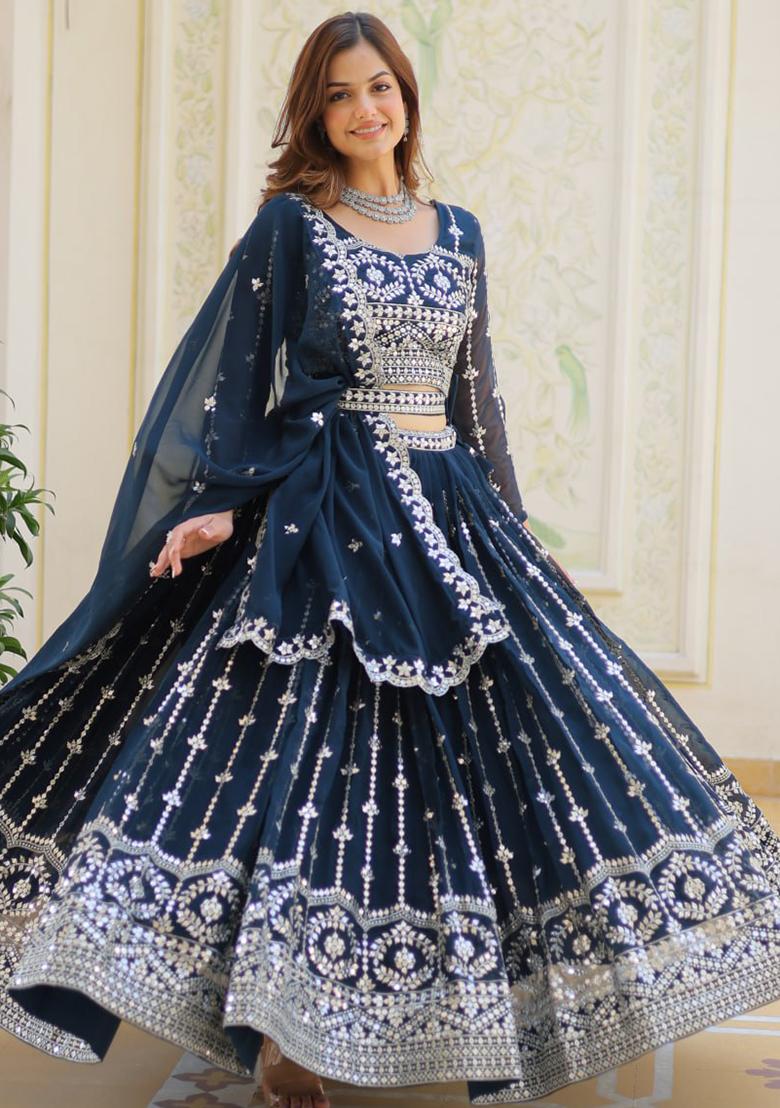 Grey Embroidery Sequence Work Georgette Lehenga Set With Dupatta - Indya