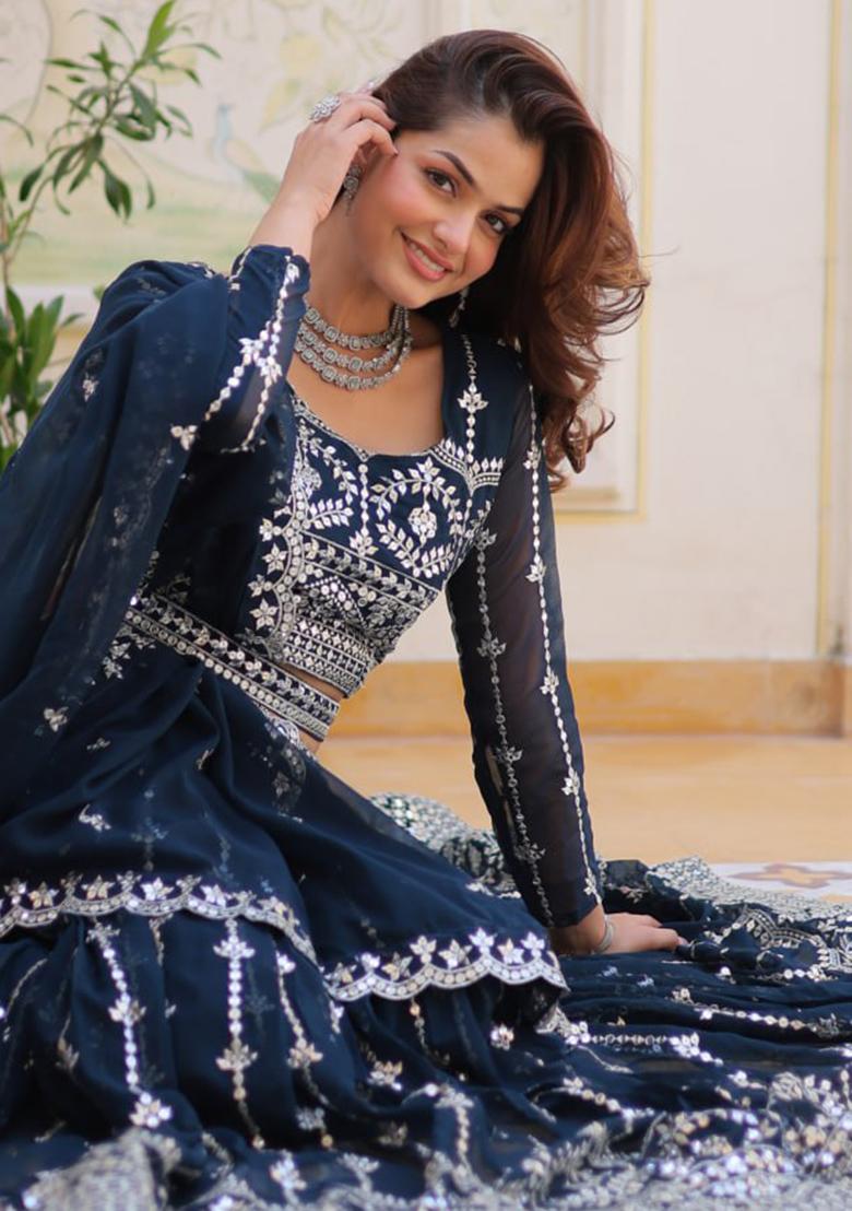 Grey Embroidery Sequence Work Georgette Lehenga Set With Dupatta - Indya