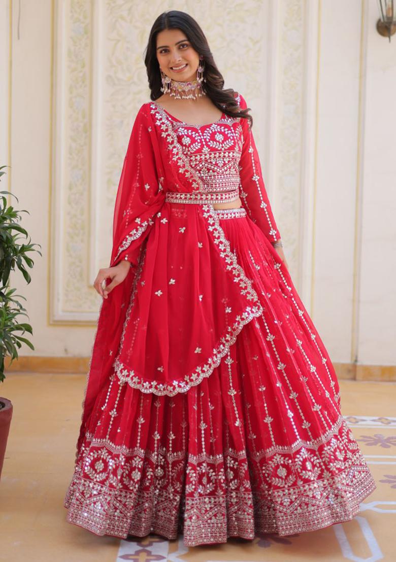 Rani Embroidery Sequence Work Georgette Lehenga Set With Dupatta - Indya