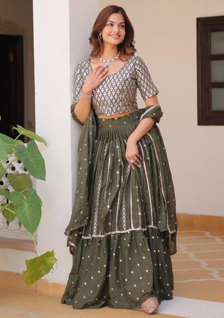 Mehendi Embroidery Sequence Work Georgette Lehenga Set With Dupatta - Indya