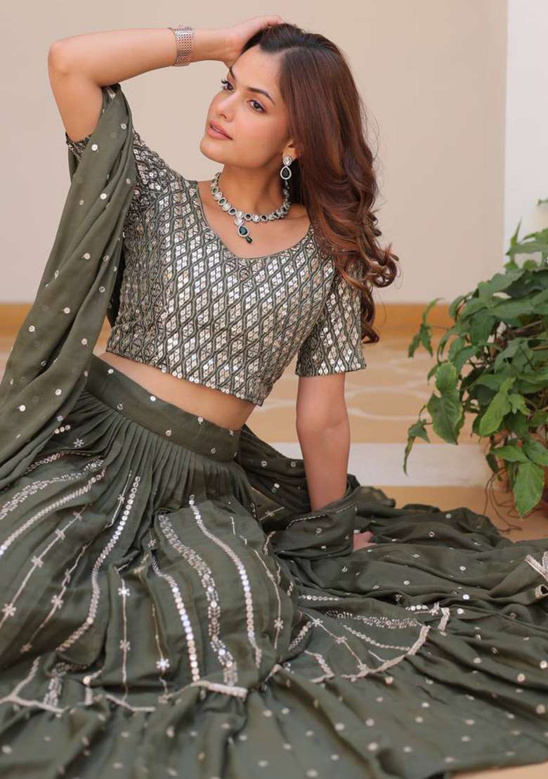 Mehendi Embroidery Sequence Work Georgette Lehenga Set With Dupatta - Indya