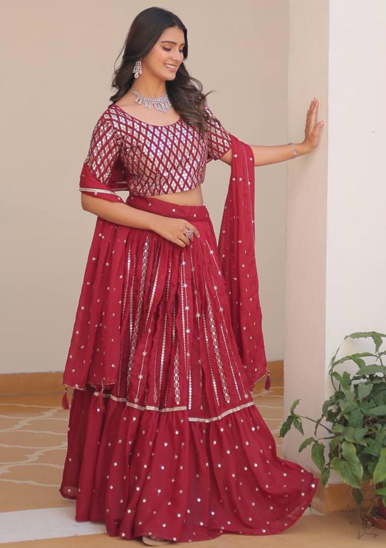 Gajri Embroidery Sequence Work Georgette Lehenga Set With Dupatta - Indya