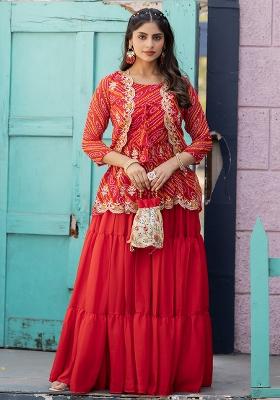 Red Embroidery Sequence Work Chinon Lehenga Set With Dupatta