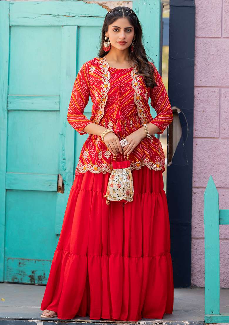 Red Embroidery Sequence Work Chinon Lehenga Set With Dupatta - Indya