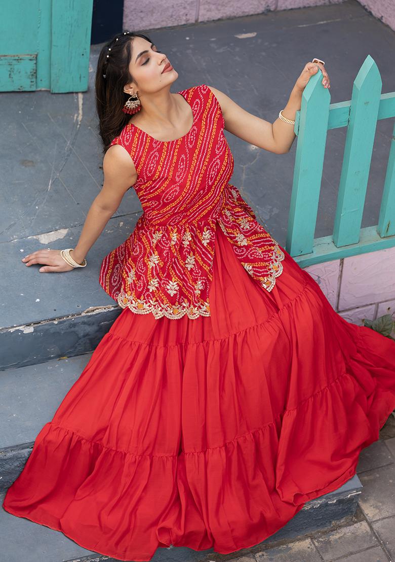 Red Embroidery Sequence Work Chinon Lehenga Set With Dupatta - Indya