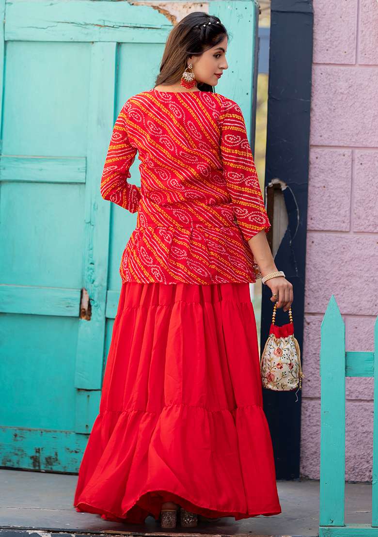 Red Embroidery Sequence Work Chinon Lehenga Set With Dupatta - Indya