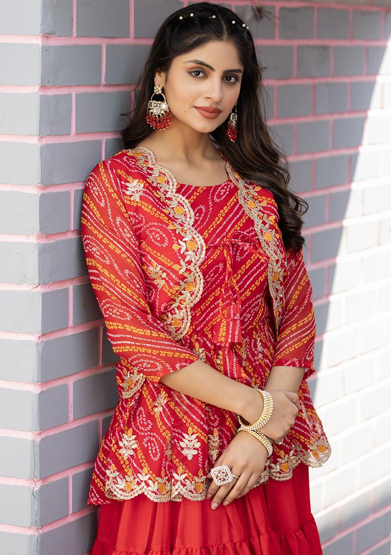Red Embroidery Sequence Work Chinon Lehenga Set With Dupatta - Indya