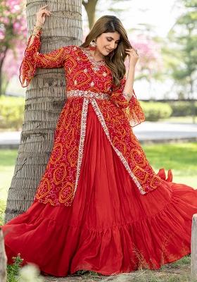 Red Embroidery Sequence Work Bandhrej Lehenga Set With Dupatta
