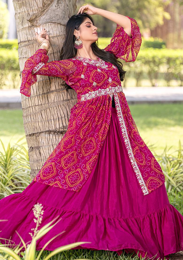 Rani Embroidery Sequence Work Bandhrej Lehenga Set With Dupatta - Indya