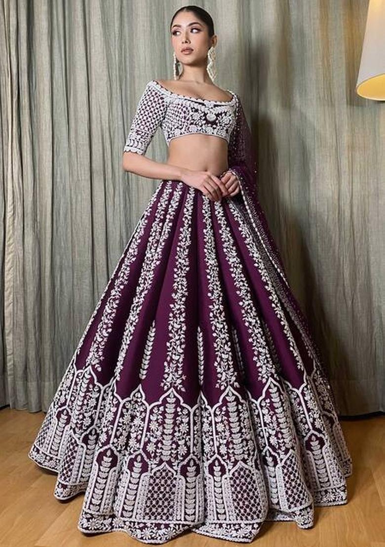 Wine Embroidery Work Chinon Lehenga Set With Dupatta - Indya