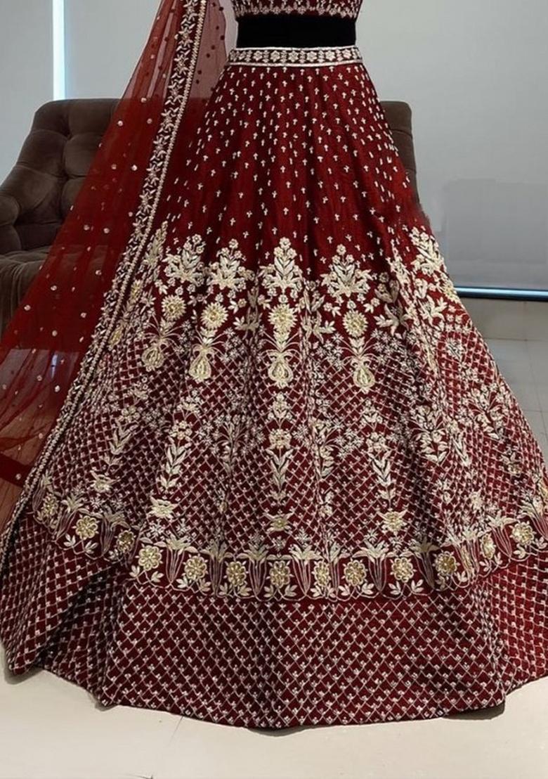 Red Embroidery Work Satin Lehenga Set With Dupatta - Indya