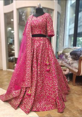 Dark Rani Pink Embroidery Work Silk Lehenga Set With Dupatta
