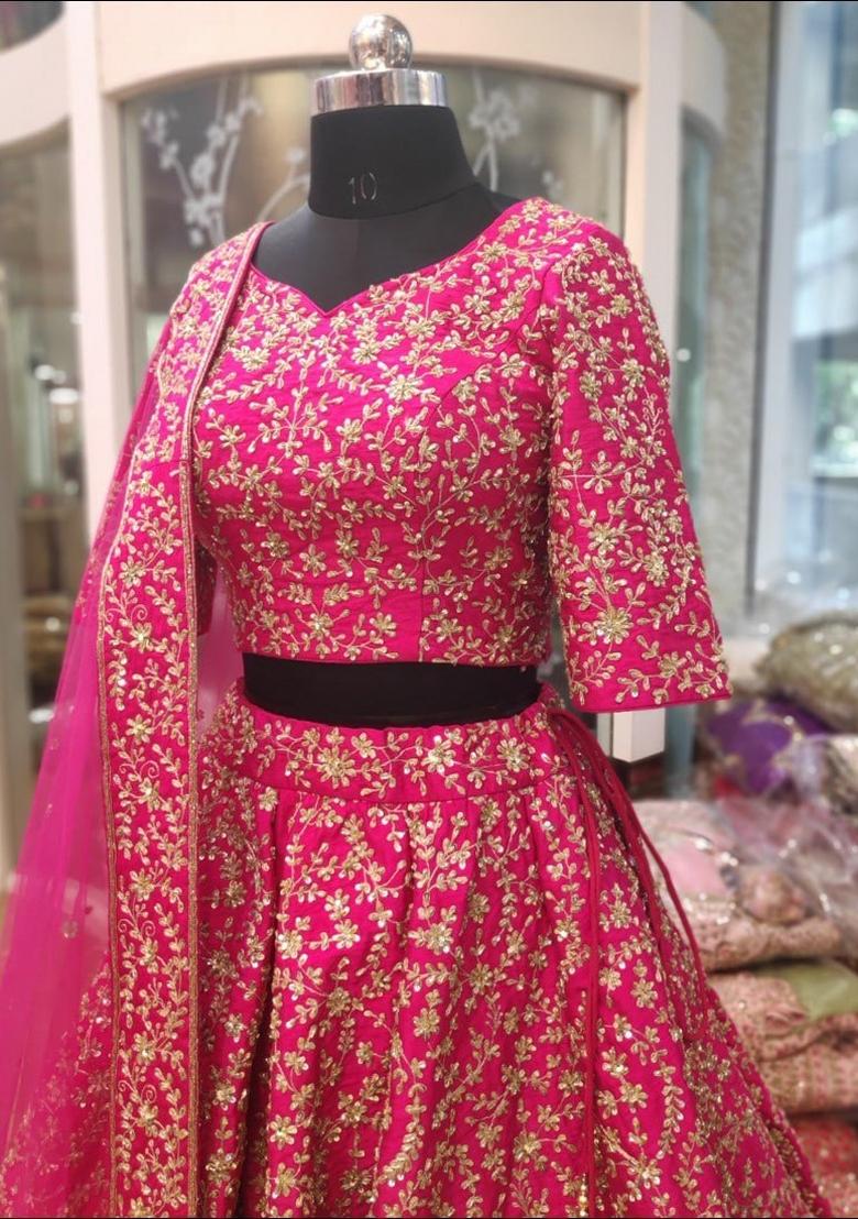 Dark Rani Pink Embroidery Work Silk Lehenga Set With Dupatta - Indya