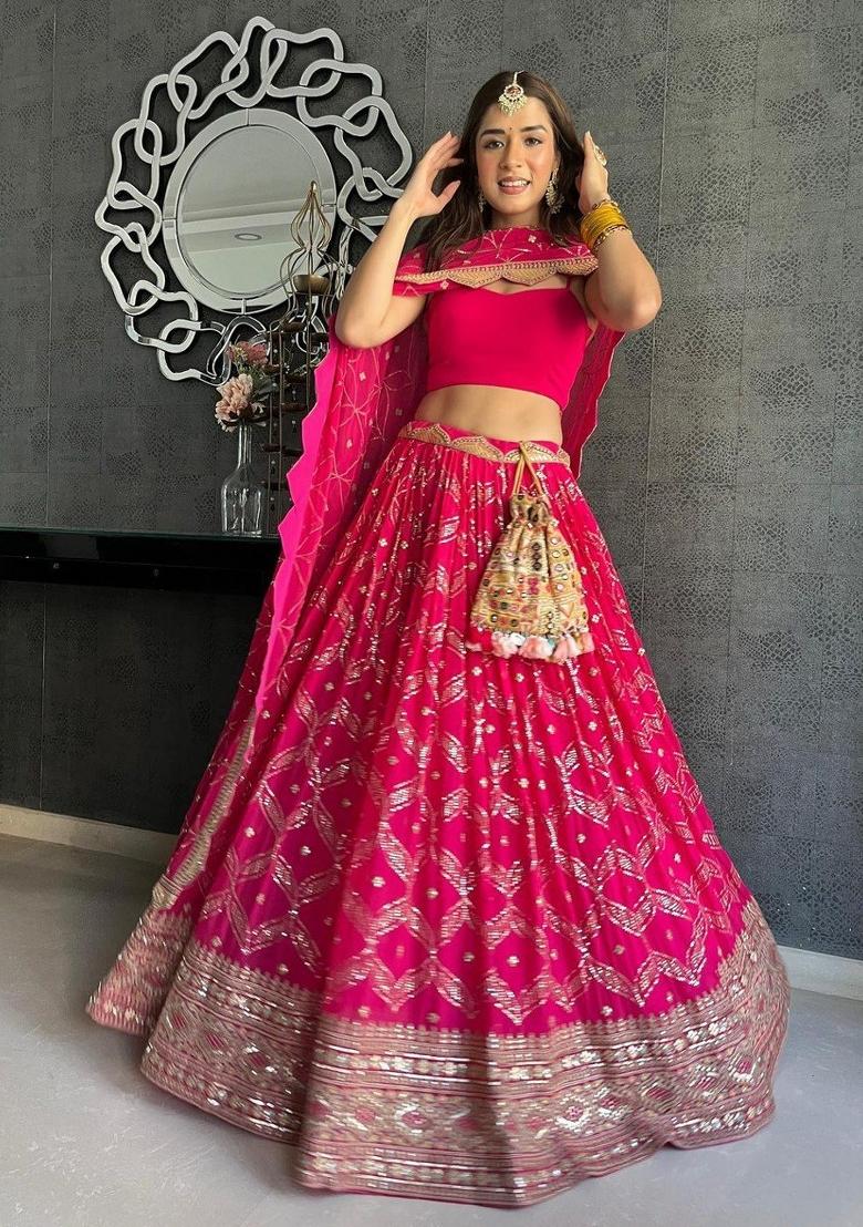 Dark Pink Embroidery Work Georgette Lehenga Set With Dupatta - Indya