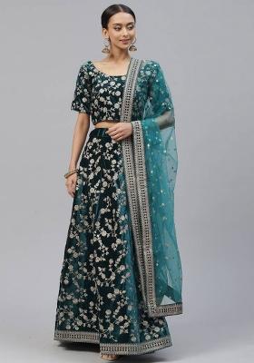 Bottle Green Embroidery Work Velvet Lehenga Set With Dupatta