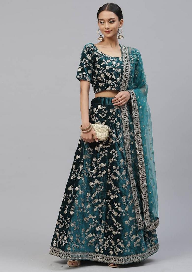 Bottle Green Embroidery Work Velvet Lehenga Set With Dupatta - Indya