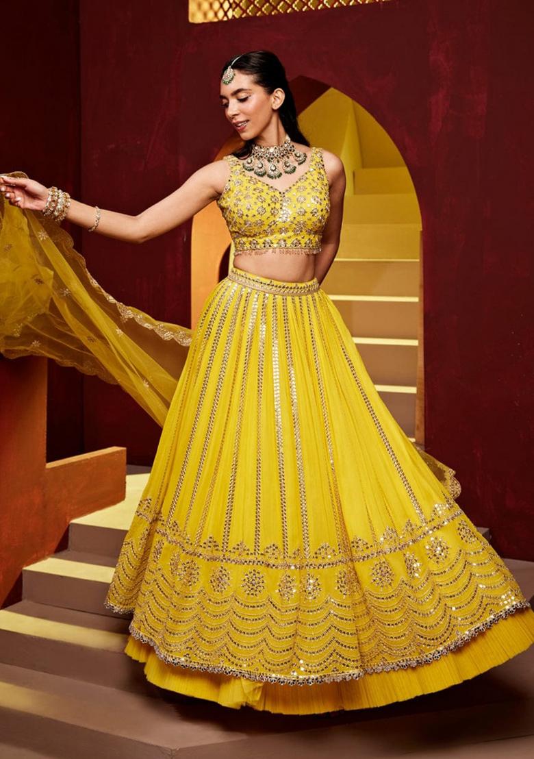 Yellow Embroidery Work Georgette Lehenga Set With Dupatta - Indya