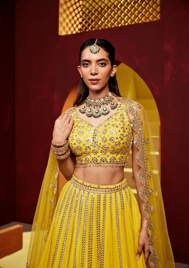 Yellow Embroidery Work Georgette Lehenga Set With Dupatta - Indya