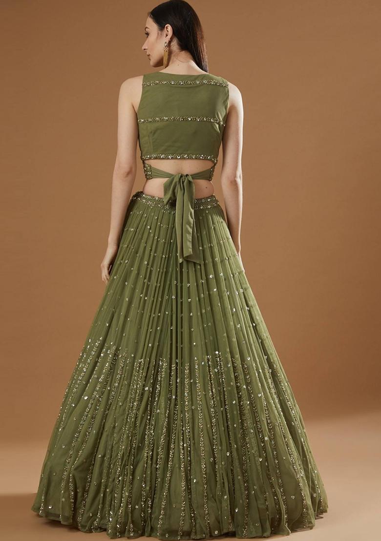 Mehendi Embroidery Work Georgette Lehenga Set With Dupatta - Indya