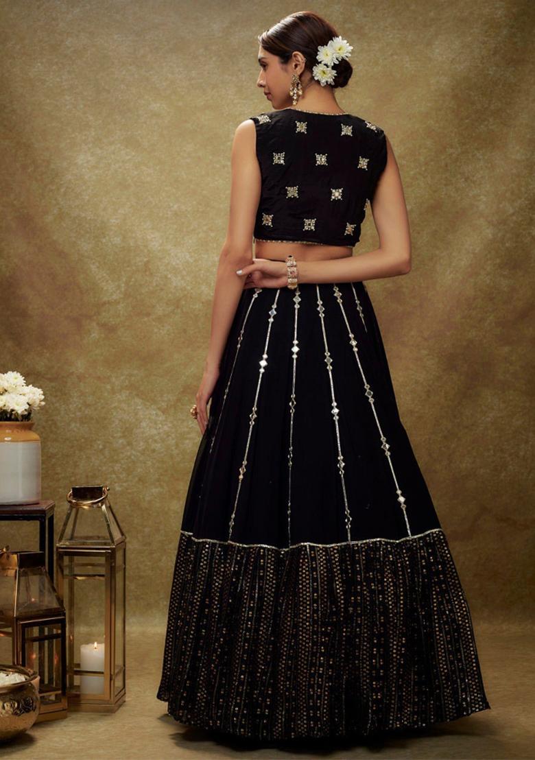 Black Embroidery Work Georgette Lehenga Set With Dupatta - Indya