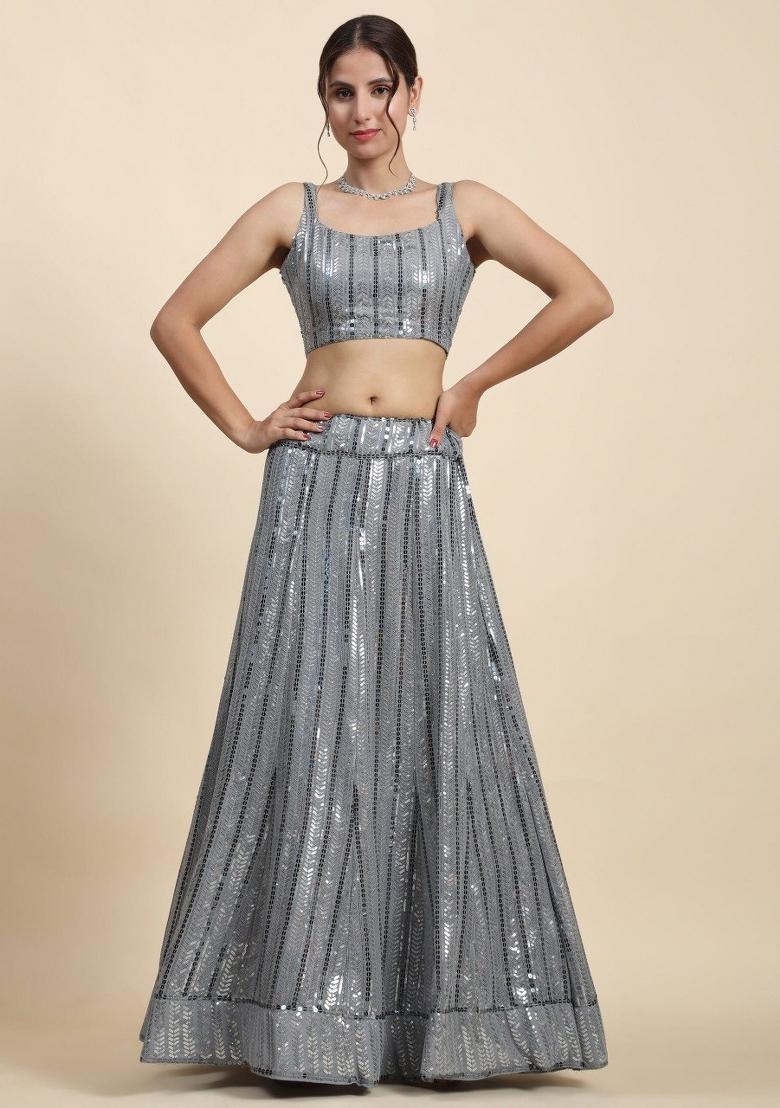 Grey Embroidery Work Georgette Lehenga Set With Dupatta - Indya
