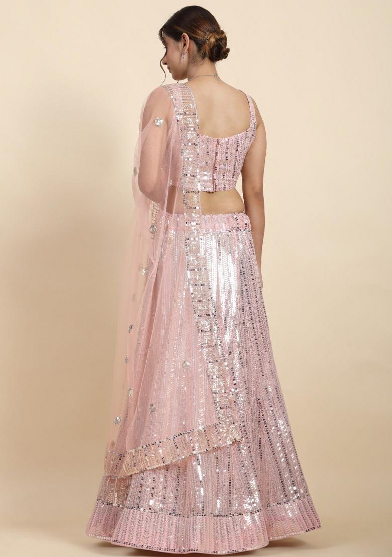 Pink Embroidery Work Georgette Lehenga Set With Dupatta - Indya