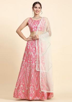 Pink Embroidery Work Satin Lehenga Set With Dupatta