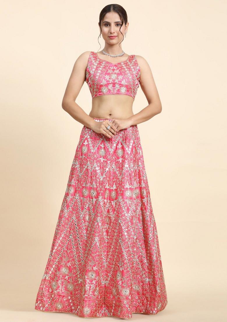 Pink Embroidery Work Satin Lehenga Set With Dupatta - Indya