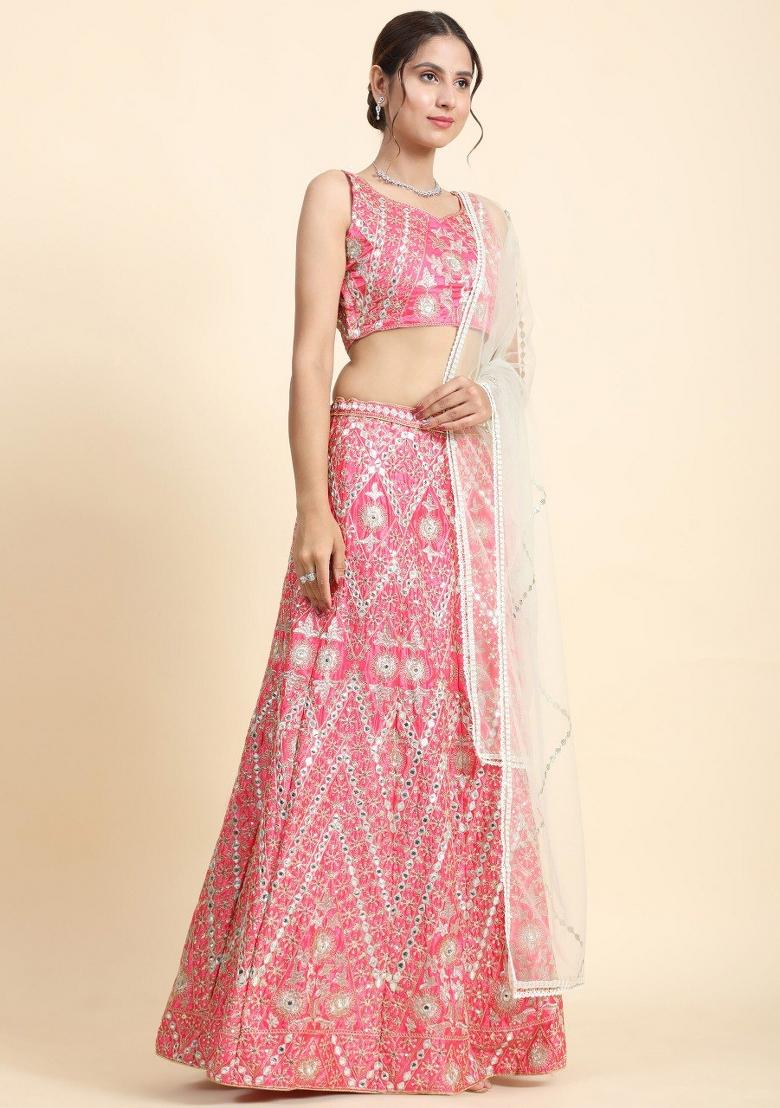 Pink Embroidery Work Satin Lehenga Set With Dupatta - Indya