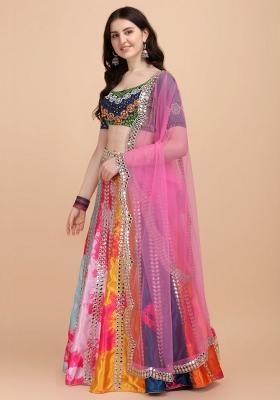 Multicolor Embroidery Work Satin Lehenga Set With Dupatta