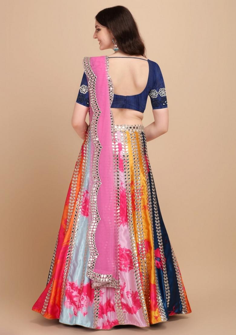 Multicolor Embroidery Work Satin Lehenga Set With Dupatta - Indya