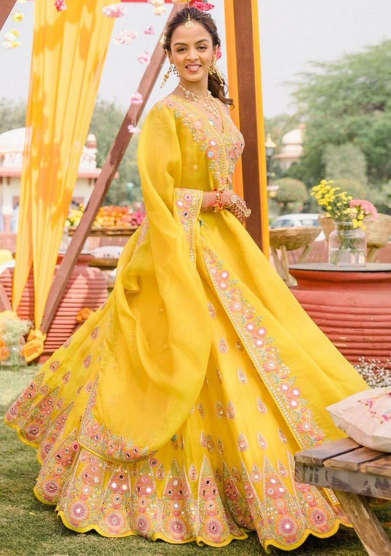 Yellow Embroidery Work Georgette Lehenga Set With Dupatta - Indya