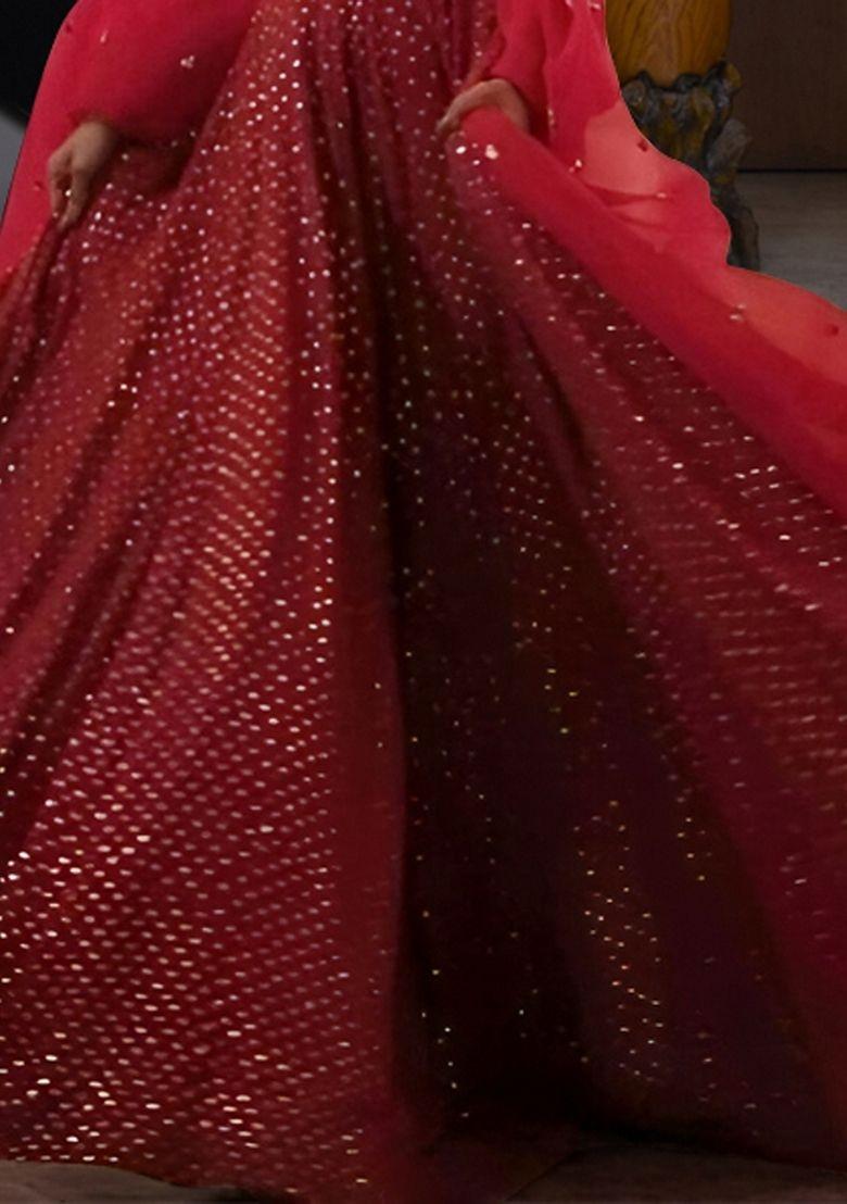 Red Embroidery Work Georgette Lehenga Set With Dupatta - Indya