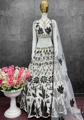 Balck And Off White Embroidery Work Georgette Lehenga Set With Dupatta