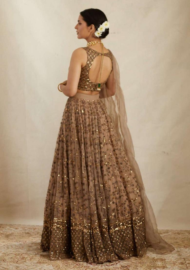 Brown Embroidery Work Crepe Lehenga Set With Dupatta - Indya