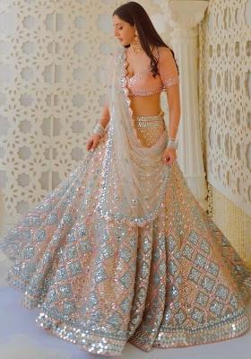 Pink Embroidery Work Satin Lehenga Set With Dupatta